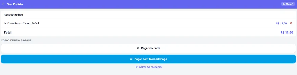 Tela de checkout do autoatendimento com resumo do pedido e opções de pagamento